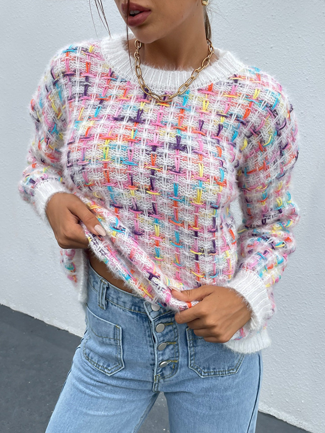 Multicolor Round Neck Dropped Shoulder Sweater