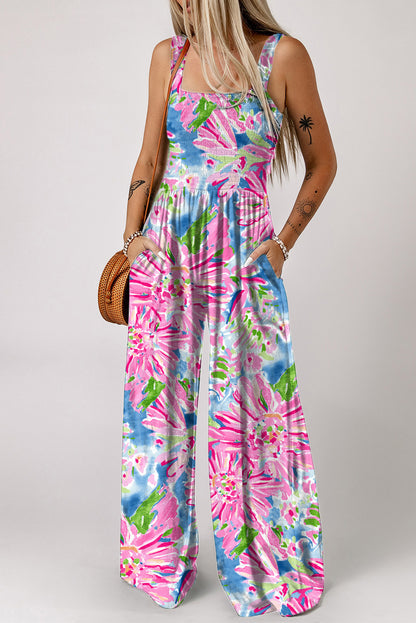 Floral Smocked Square Neck Jumpsuit with Pockets Floral