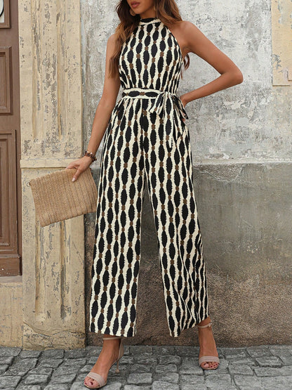 Tied Printed Grecian Neck Jumpsuit Cream