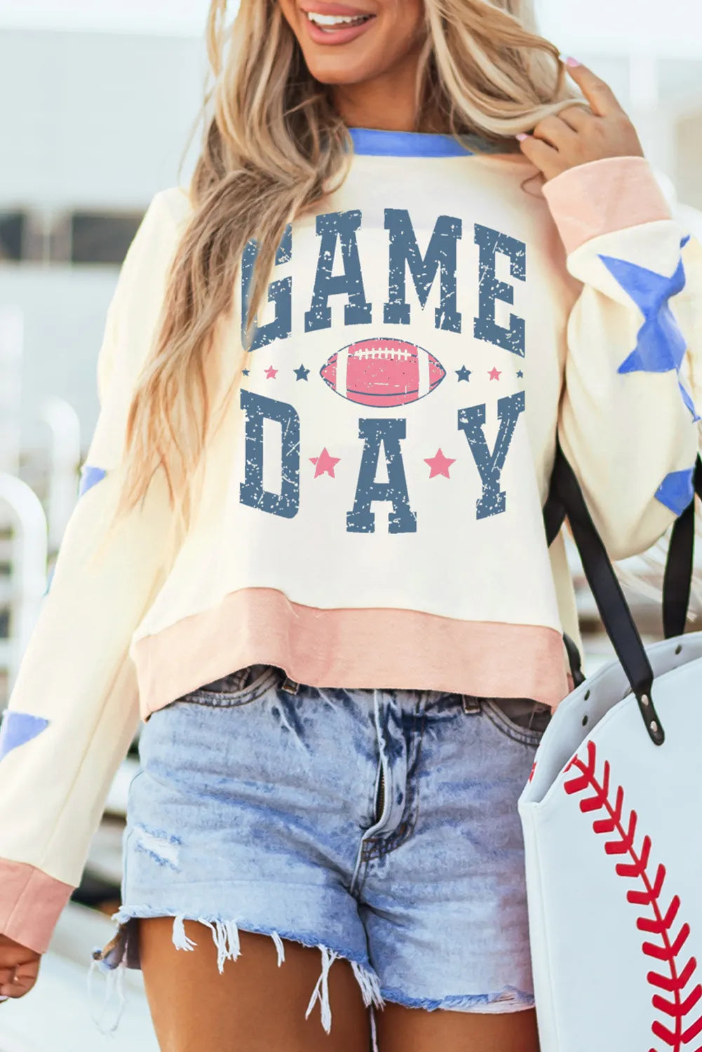 GAME DAY Star Patch Round Neck Long Sleeve Sweatshirt Ivory