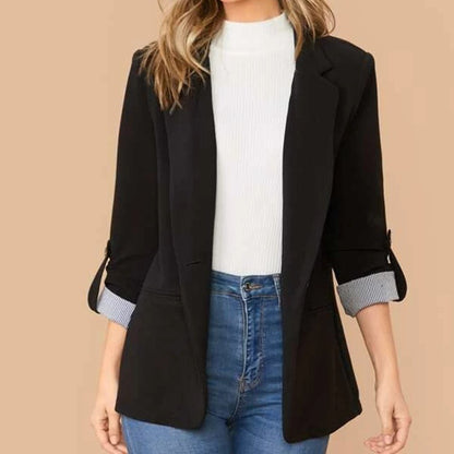 Lapel Collar Roll-Tab Sleeve Blazer Black