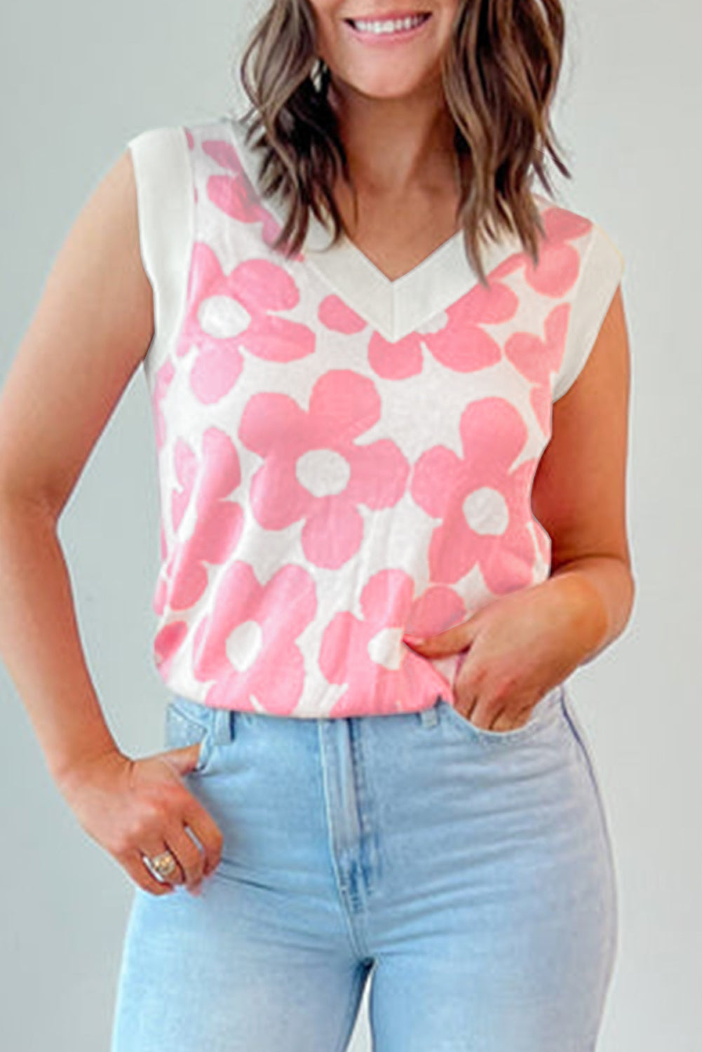 Pink Cute Flower Knitted V Neck Tank Top Pink 95%Polyester+5%Elastane