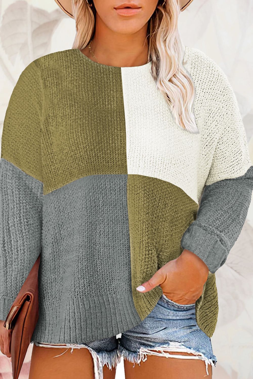 Plus Size Color Block Round Neck Sweater Yellow-Green