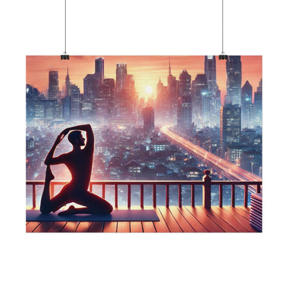 Yoga Poster, Cityscape Sunset Art, Rolled Wall Art, Pink Orange Skyline Decor, Urban Zen Meditation, Rooftop Exercise Print, Relaxation Gift