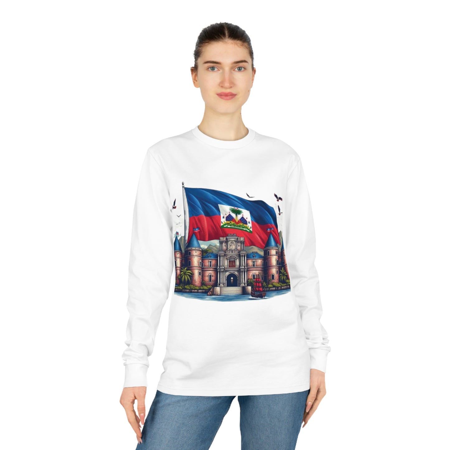 Haitian Flag Long Sleeve Tee, Citadelle Laferrière Design, Organic Cotton Shirt, Unisex Top, Holiday Gift