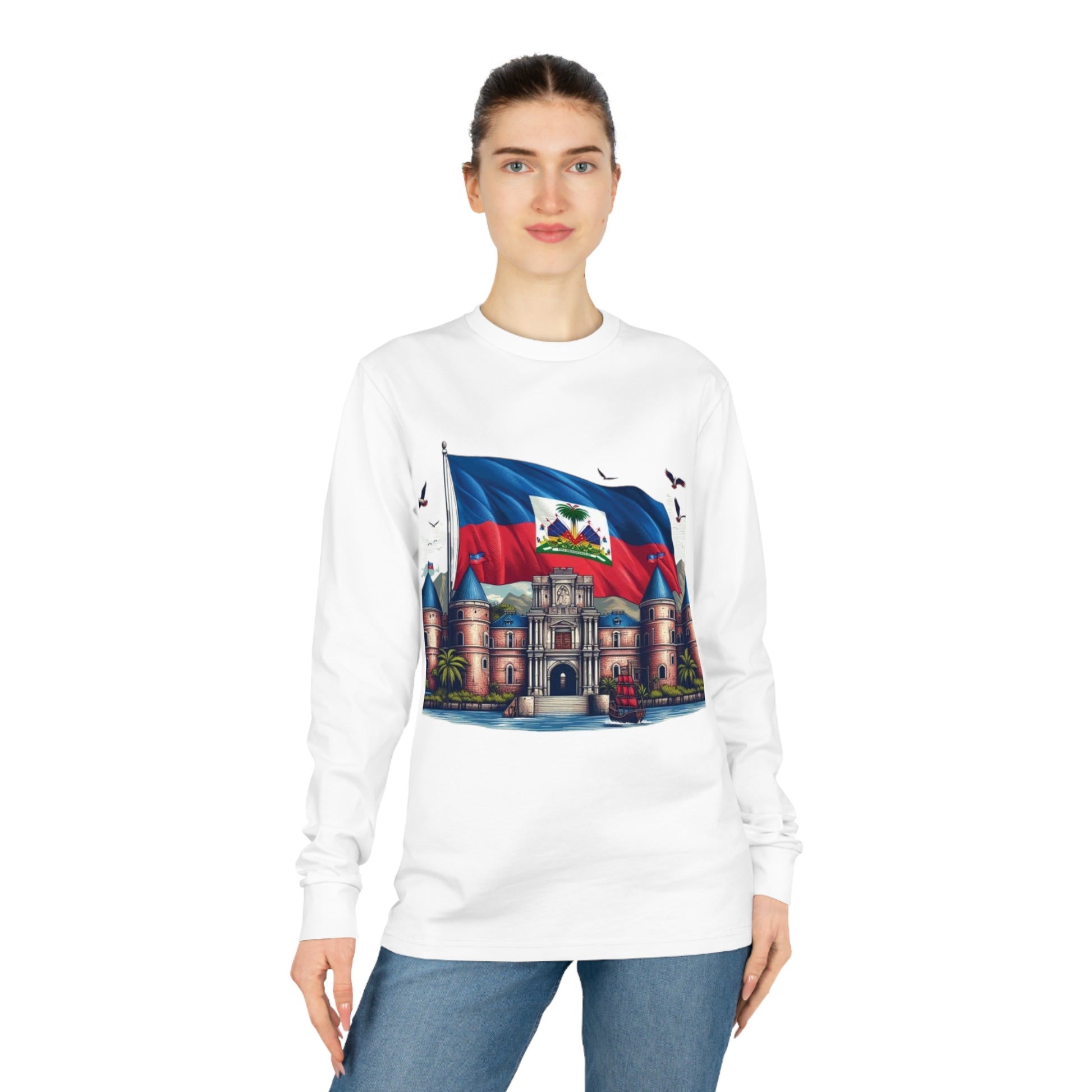 Haitian Flag Long Sleeve Tee, Citadelle Laferrière Design, Organic Cotton Shirt, Unisex Top, Holiday Gift