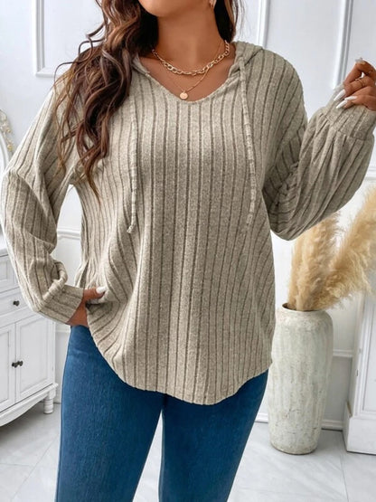 Plus Size Drawstring Dropped Shoulder Hooded T-Shirt Khaki