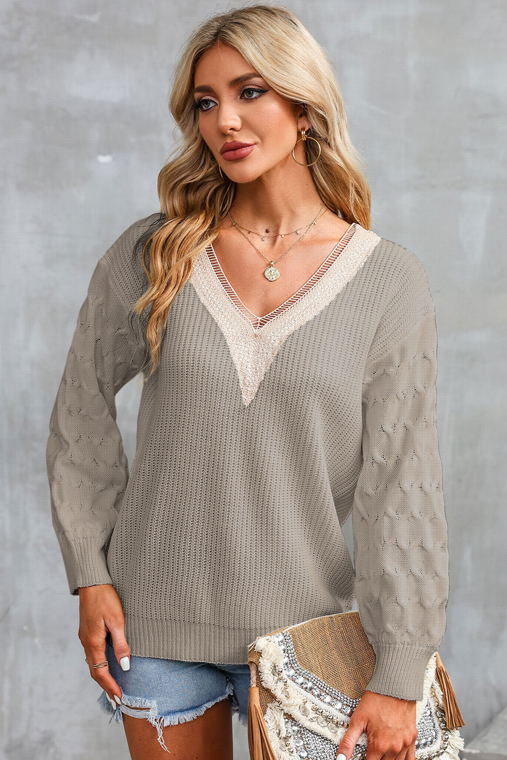 Contrast V-Neck Sweater Khaki