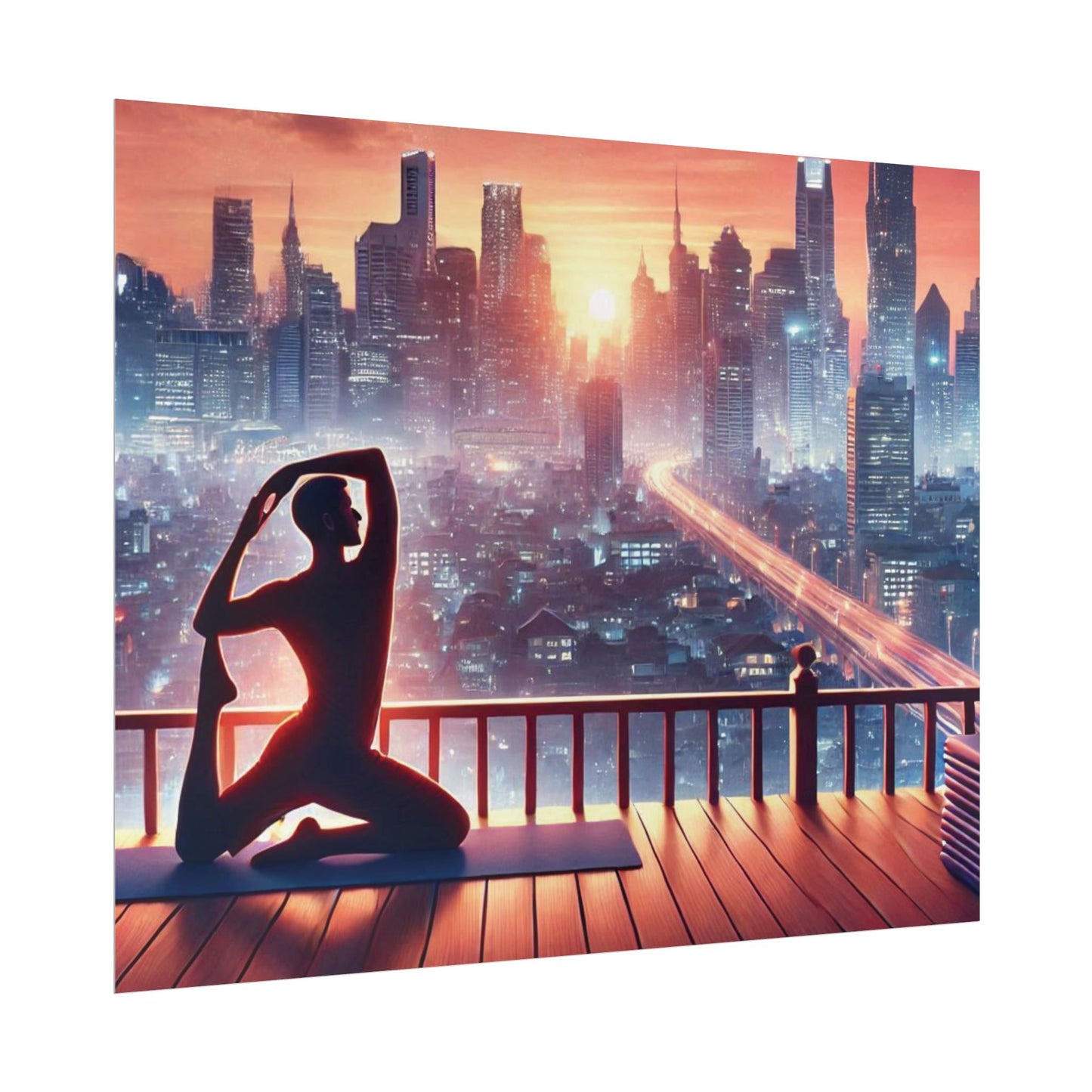 Yoga Poster, Cityscape Sunset Art, Rolled Wall Art, Pink Orange Skyline Decor, Urban Zen Meditation, Rooftop Exercise Print, Relaxation Gift