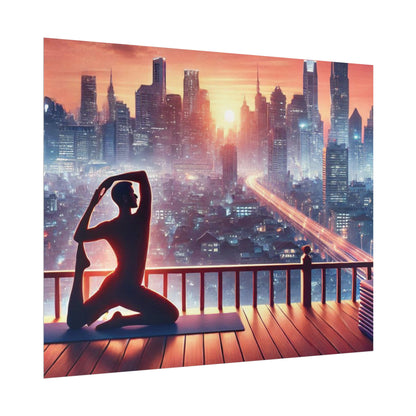 Yoga Poster, Cityscape Sunset Art, Rolled Wall Art, Pink Orange Skyline Decor, Urban Zen Meditation, Rooftop Exercise Print, Relaxation Gift