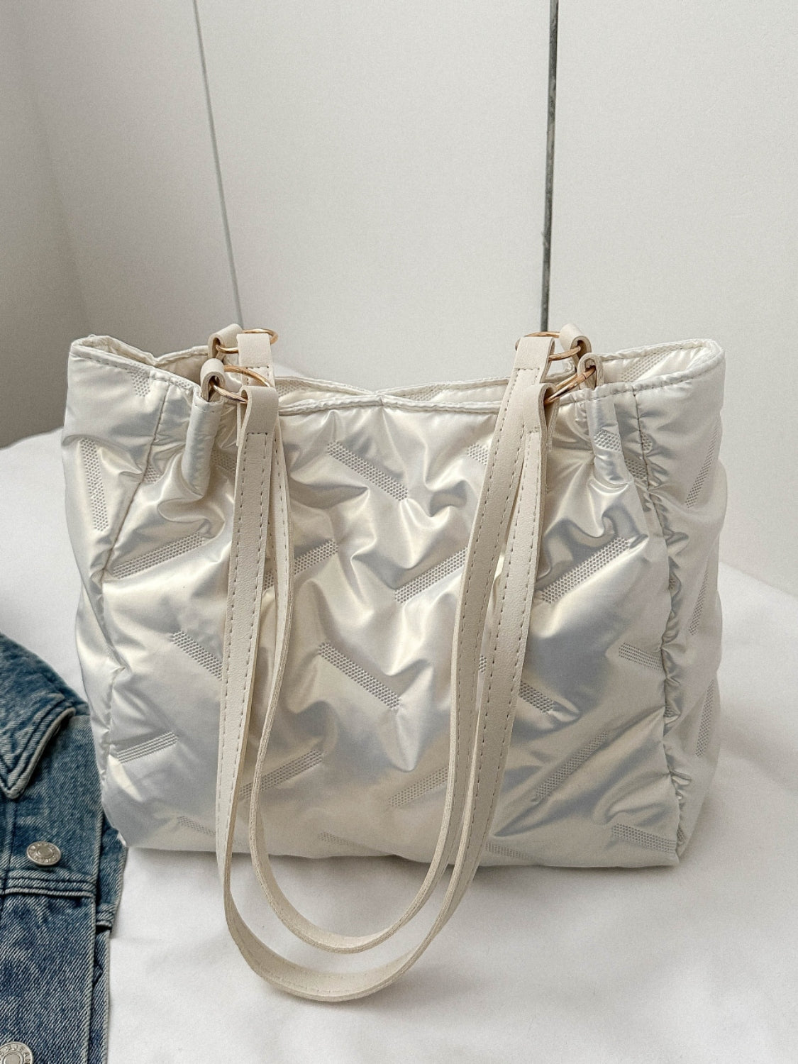 Textured Polyester Shoulder Bag White One Size