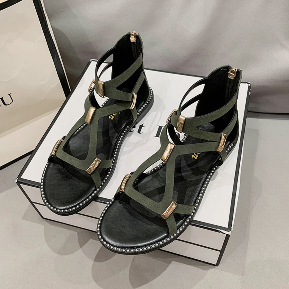 Open Toe Back Zipper Flat Sandals Army Green