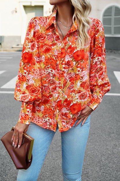 Printed Lantern Sleeve Shirt Orange