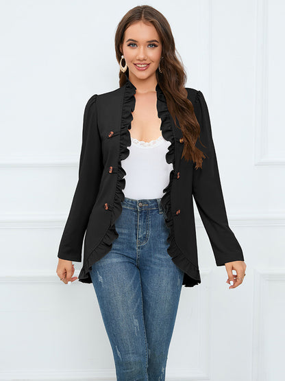 Ruffle Trim Long Sleeve Blazer Black