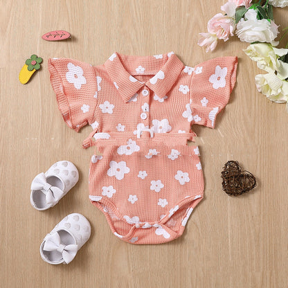 Girls' Multicolor Cotton Printed Flounced Sleeve Jumpsuit Orange