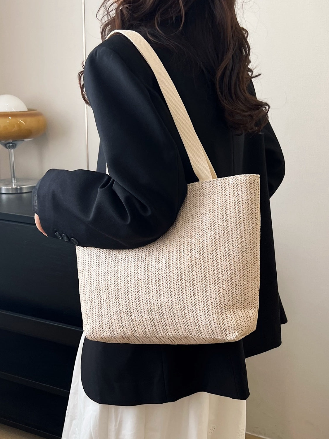 Straw Woven Tote Bag Beige One Size