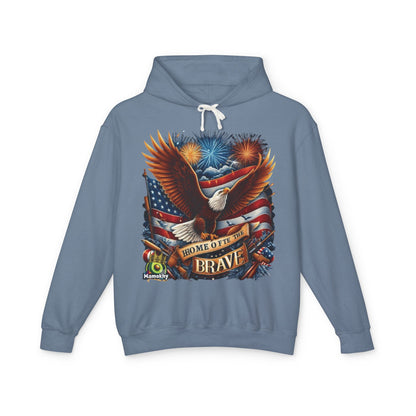 Hooded Sweatshirt - 'Home of the Brave' Bald Eagle Fireworks Illustration Blue Jean