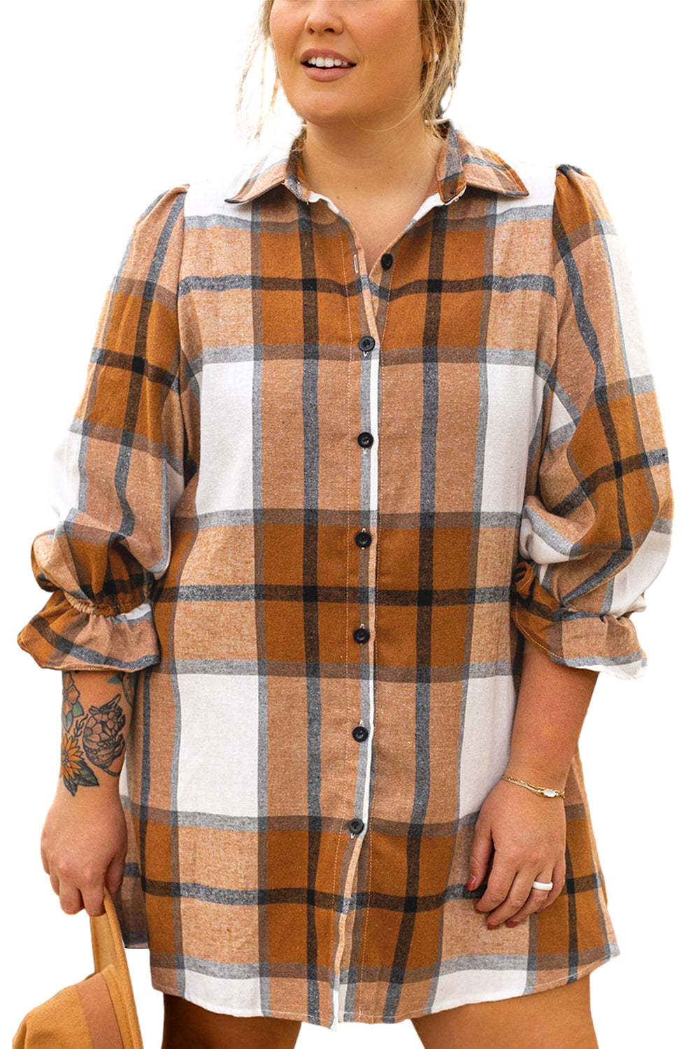 Khaki Plus Size Plaid Flounce Sleeve Button up Shirt Dress