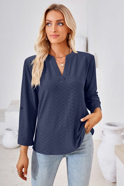 V-Neck Roll-Tap Sleeve Blouse Dark Blue