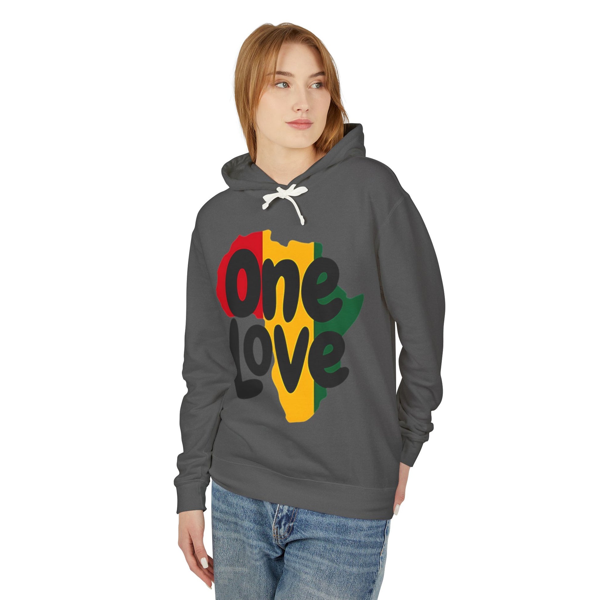 One Love Rasta Lightweight Hooded Sweatshirt - Red Yellow Green Black Color Scheme, Reggae Culture, Positive Vibes, Unity and Peace,