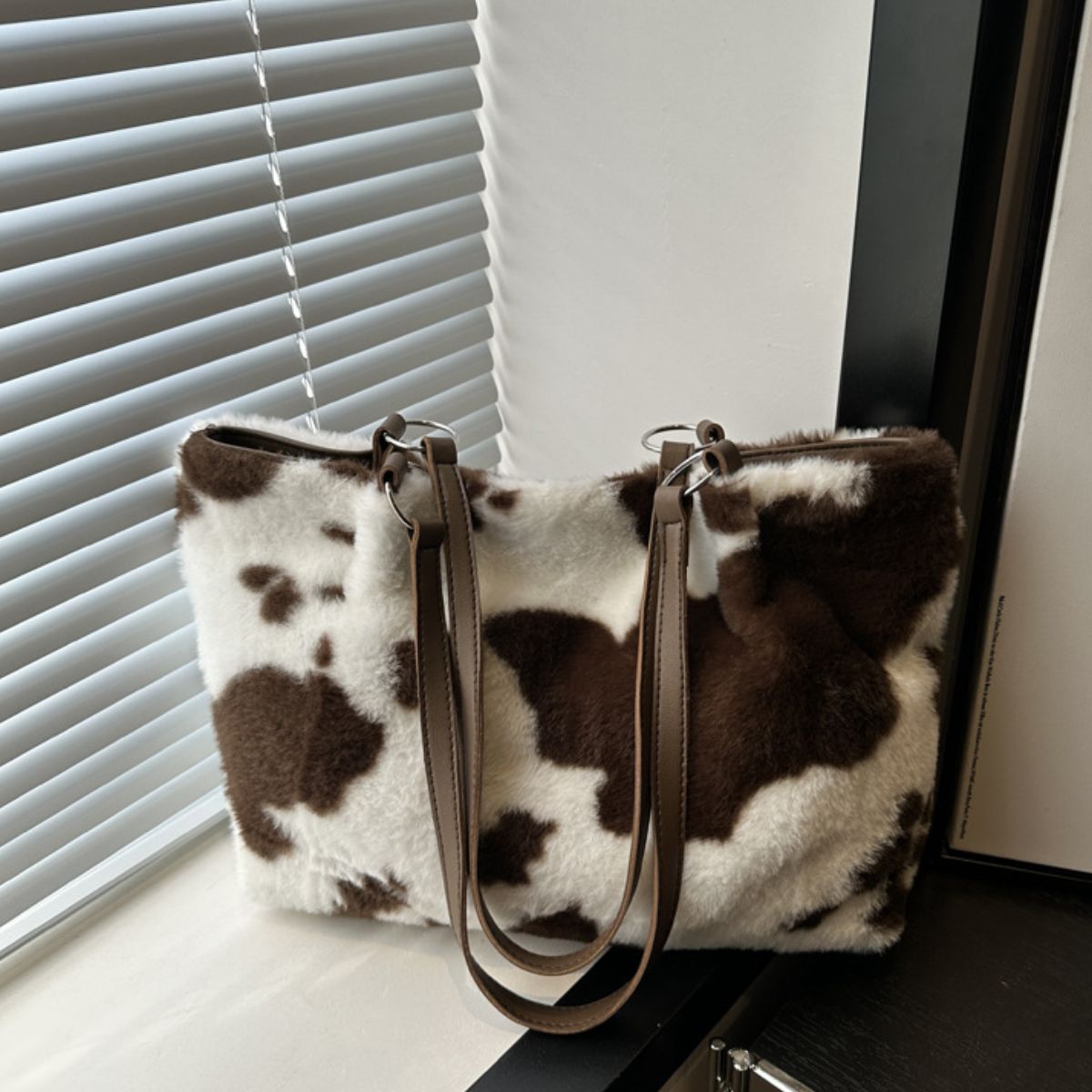 Cow Print Furry Tote Bag Chocolate One Size