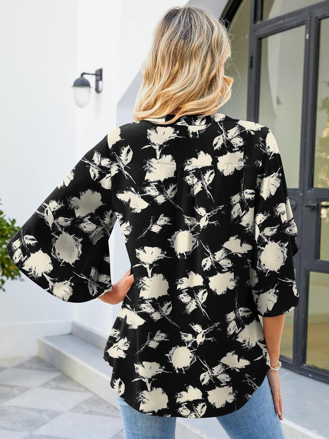 Printed Notched Half Sleeve Blouse Black