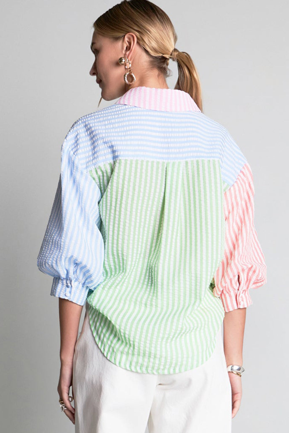 Pink Stripe Color Block Balloon Sleeve Buttoned Loose Fit Shirt