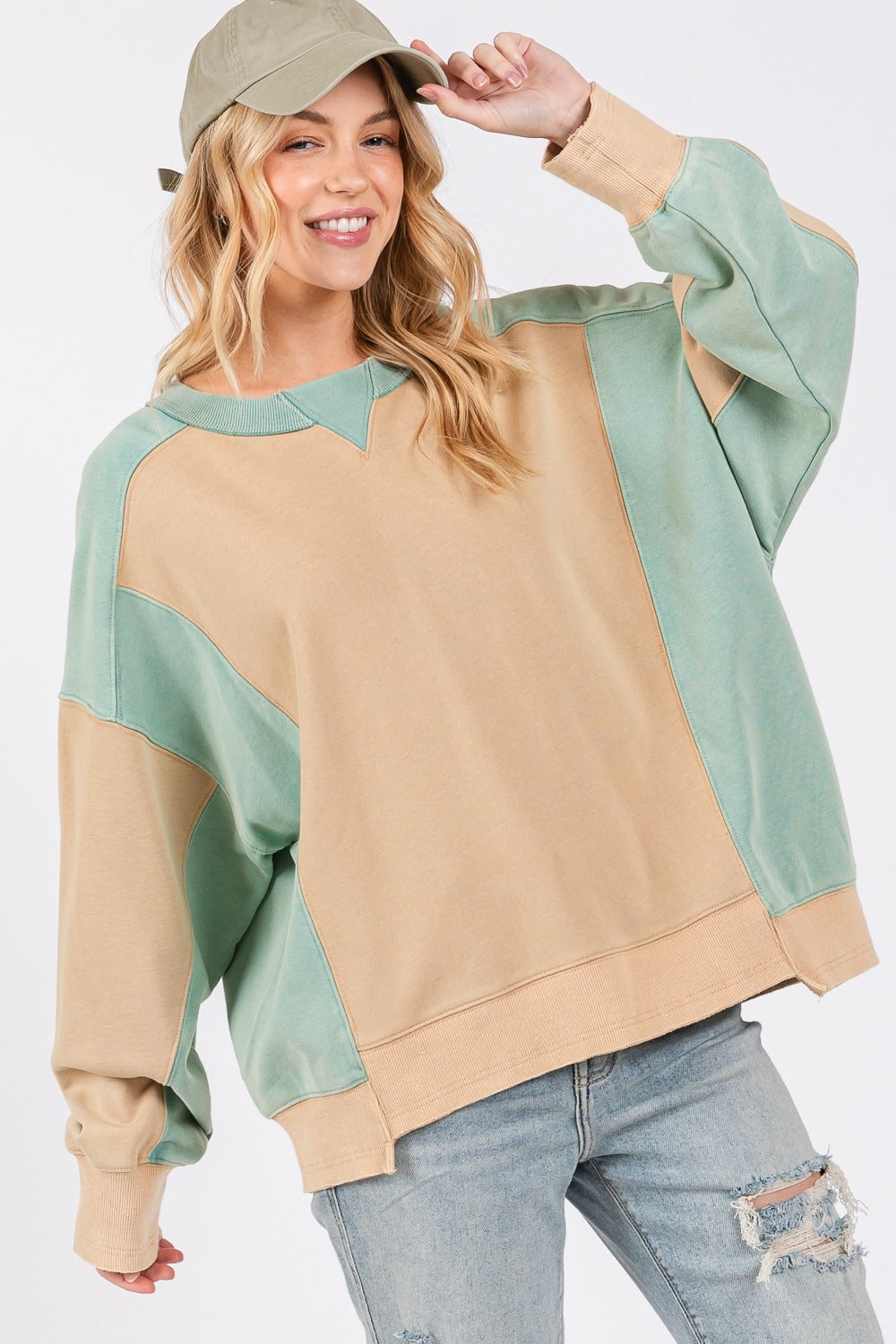 SAGE + FIG Color Block Round Neck Sweatshirt Cookie Green