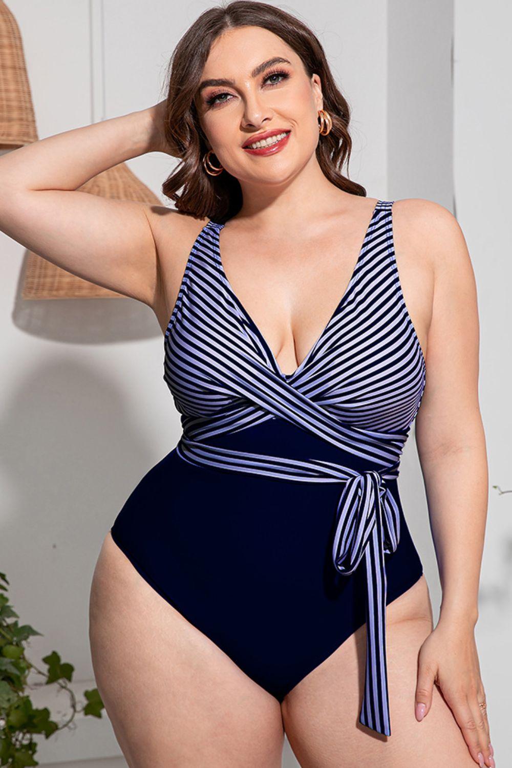 Plus Size Striped Tie-Waist One-Piece Swimsuit Navy