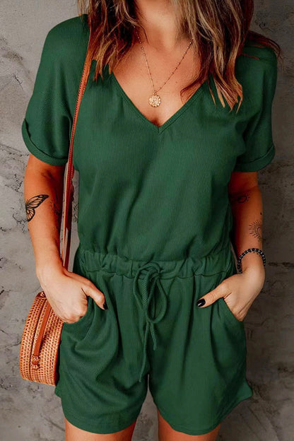 Full Size Drawstring V-Neck Short Sleeve Romper Dark Green