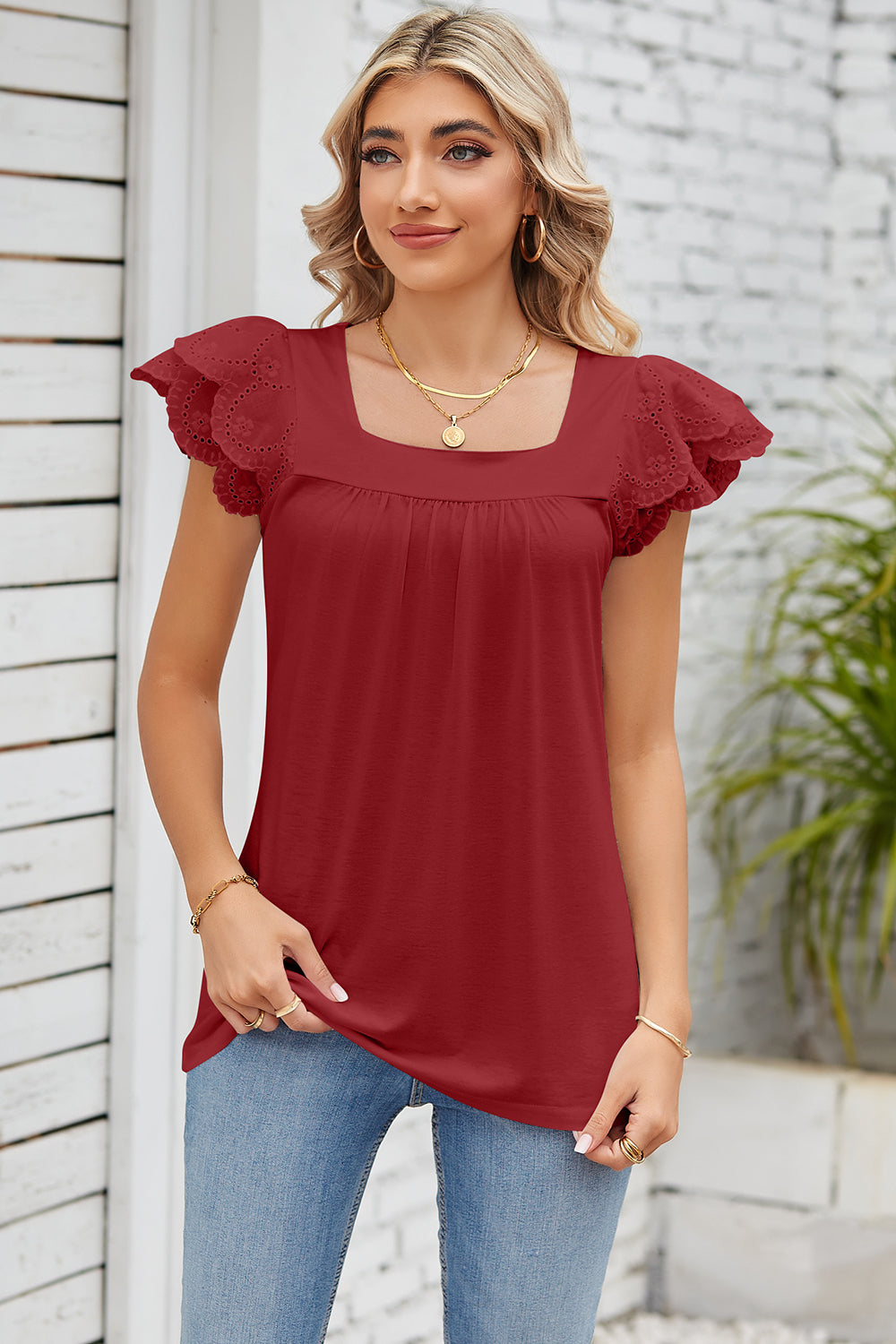 Eyelet Square Neck Cap Sleeve Blouse Rust