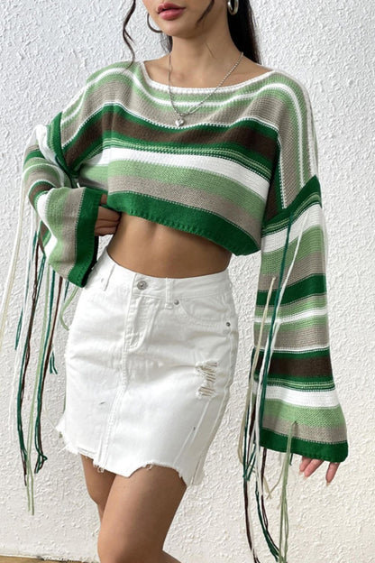 Fringe Striped Round Neck Knit Top Light Green