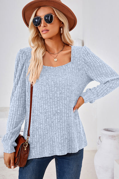 Ribbed Square Neck Long Sleeve T-Shirt Light Blue