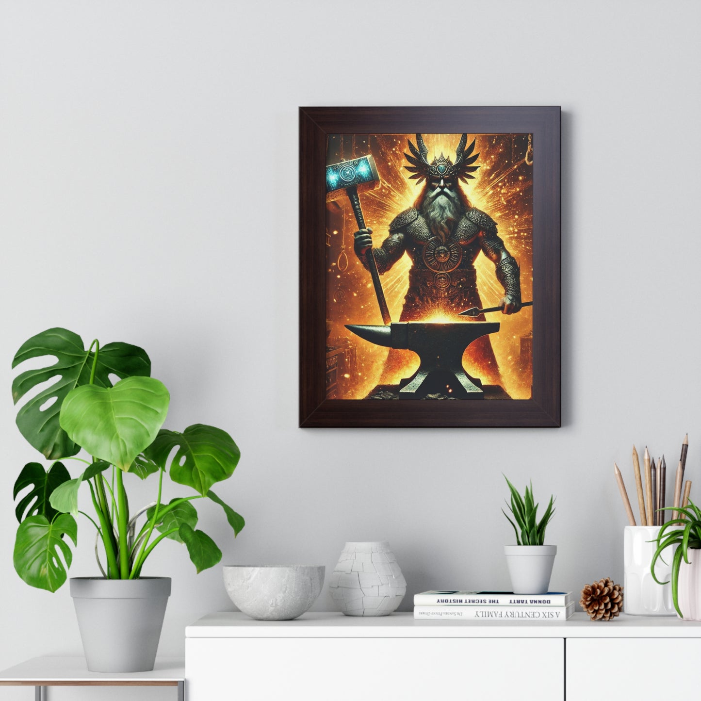 Ogun Blacksmith Framed Vertical Poster - Glowing Sparks, Molten Metal, Fire and Anvil - Wall Art Decor Print, African Deity, Orisha Home