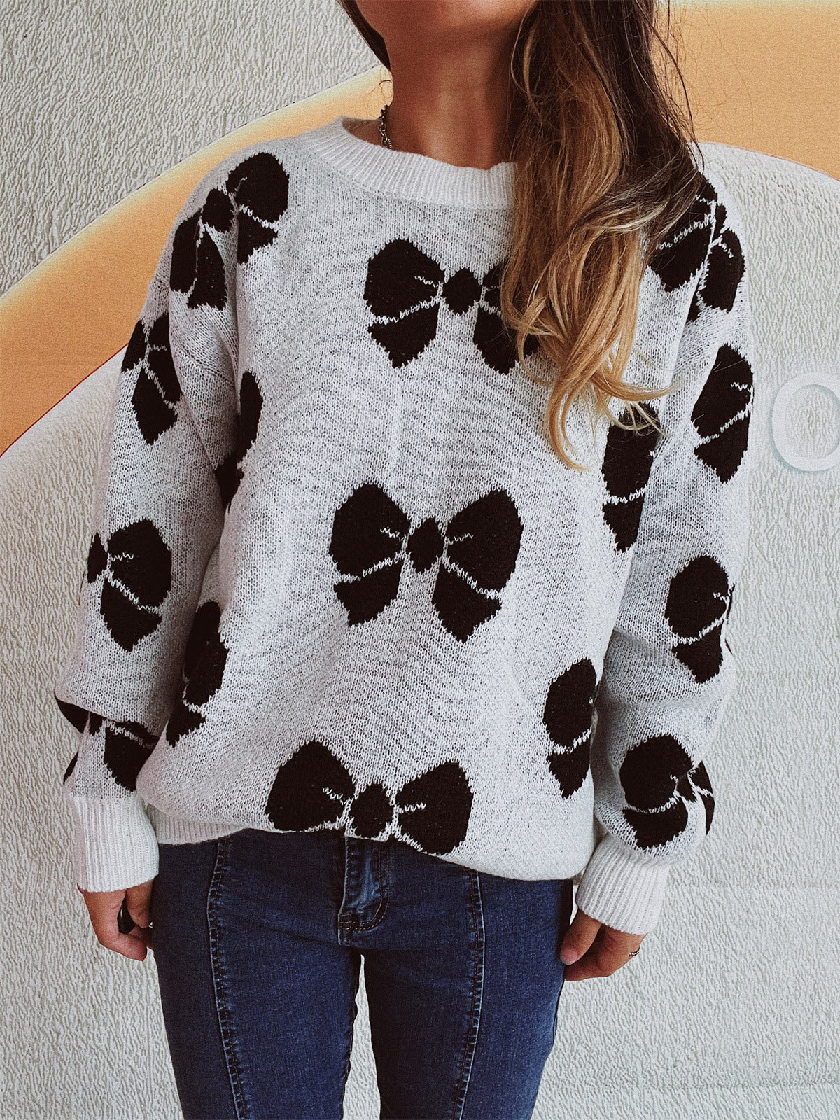 Bow Round Neck Dropped Shoulder Sweater Black