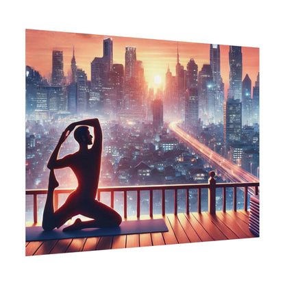 Yoga Poster, Cityscape Sunset Art, Rolled Wall Art, Pink Orange Skyline Decor, Urban Zen Meditation, Rooftop Exercise Print, Relaxation Gift