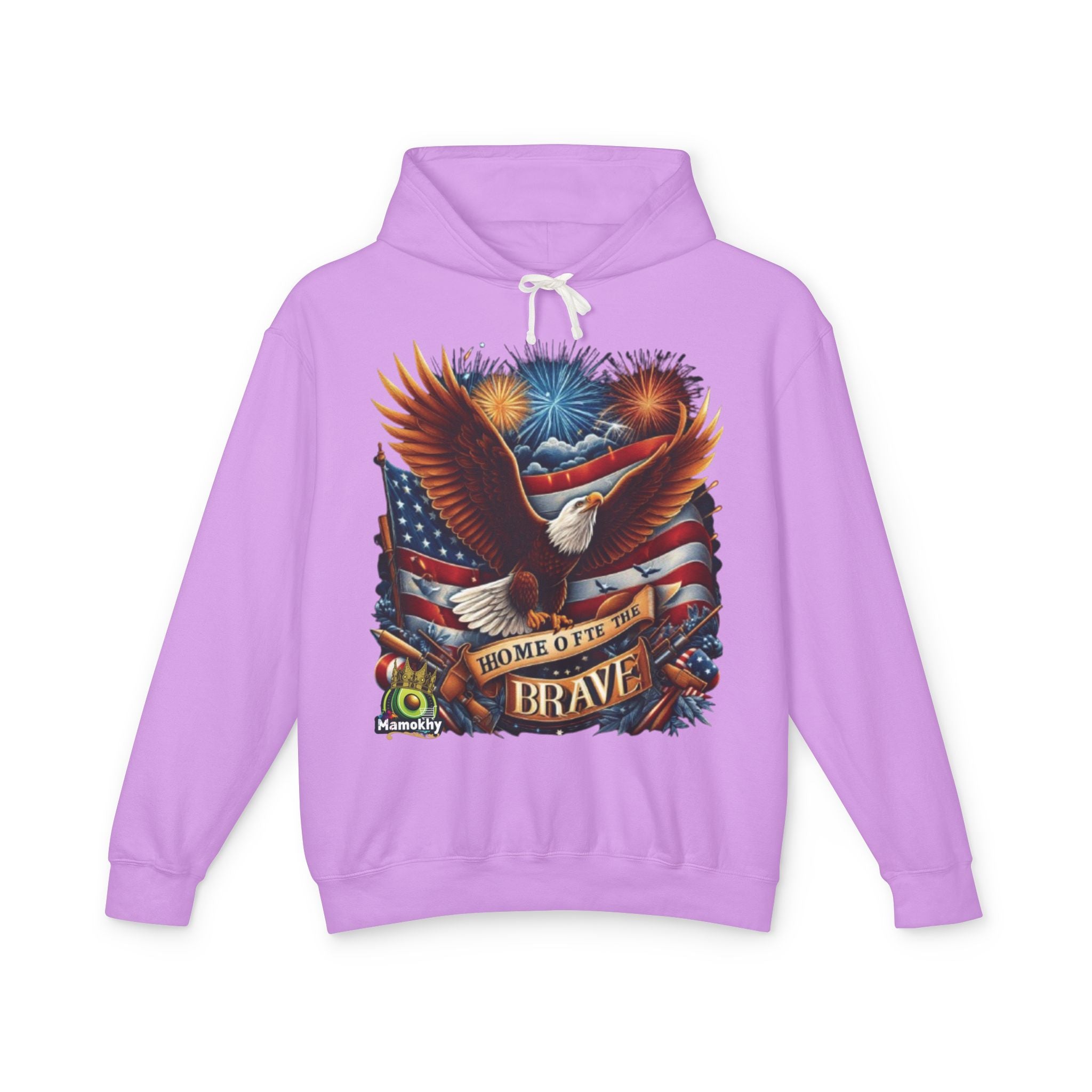 Hooded Sweatshirt - 'Home of the Brave' Bald Eagle Fireworks Illustration Neon Violet