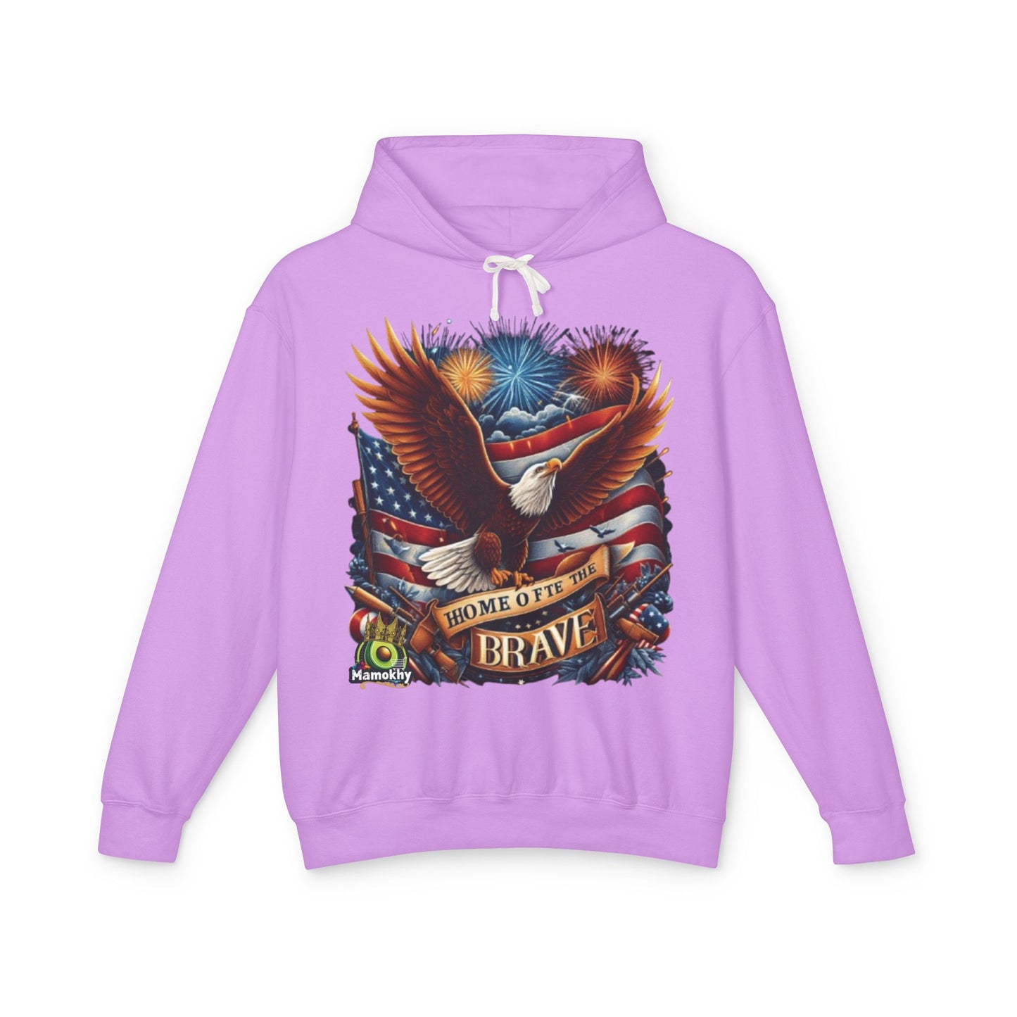 Hooded Sweatshirt - 'Home of the Brave' Bald Eagle Fireworks Illustration Neon Violet