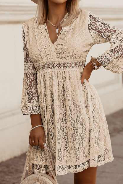 Lace V-Neck Three-Quarter Sleeve Dress Tan