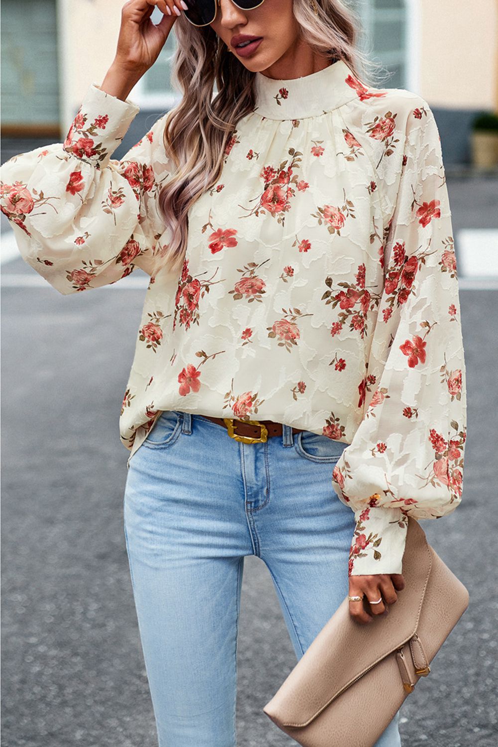 Floral Print Mock Neck Lantern Sleeve Blouse