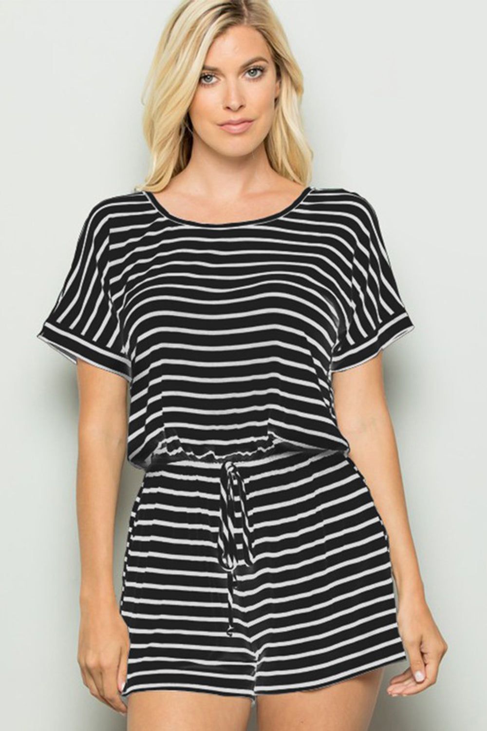 Heimish Full Size Striped Round Neck Short Sleeve Romper BLACKIVORY