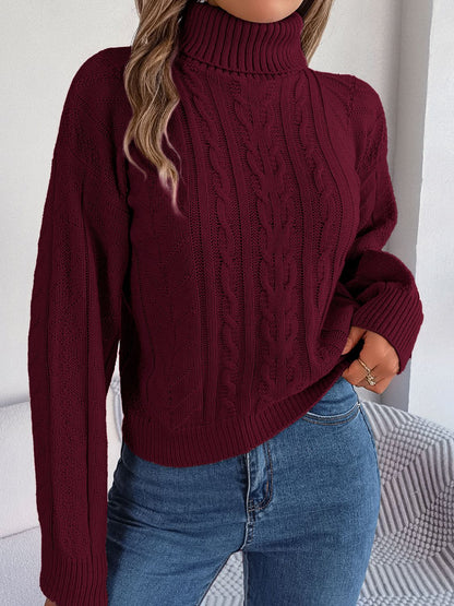 Cable-Knit Turtleneck Sweater Burgundy