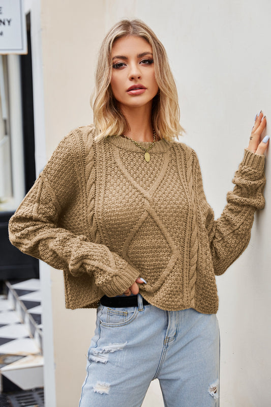 Cable-Knit Round Neck Dropped Shoulder Sweater Camel