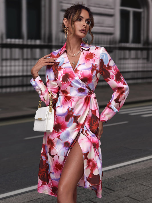 Floral Print Collared Neck Slit Dress Floral