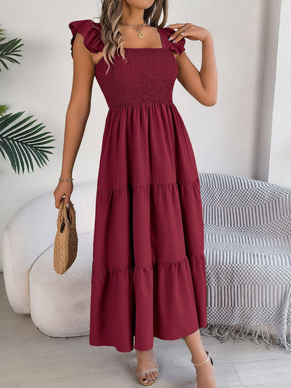 Smocked Square Neck Cap Sleeve Midi Dress Burgundy