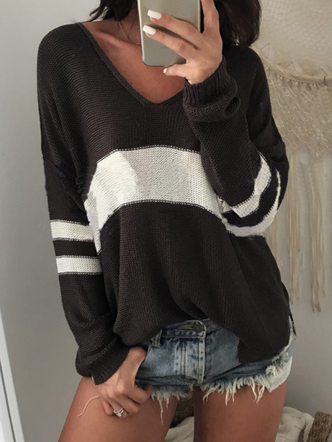 Striped V-Neck Long Sleeve Sweater Black