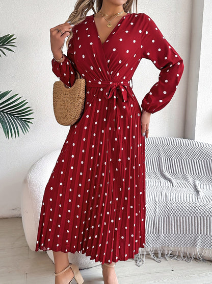 Tied Polka Dot Long Sleeve Midi Dress Burgundy