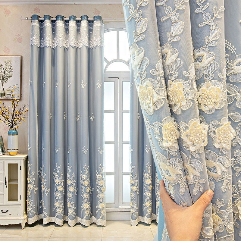 Bedroom Shading Wedding Home Double Open Curtain Finished Set Magnolia Blue Hook