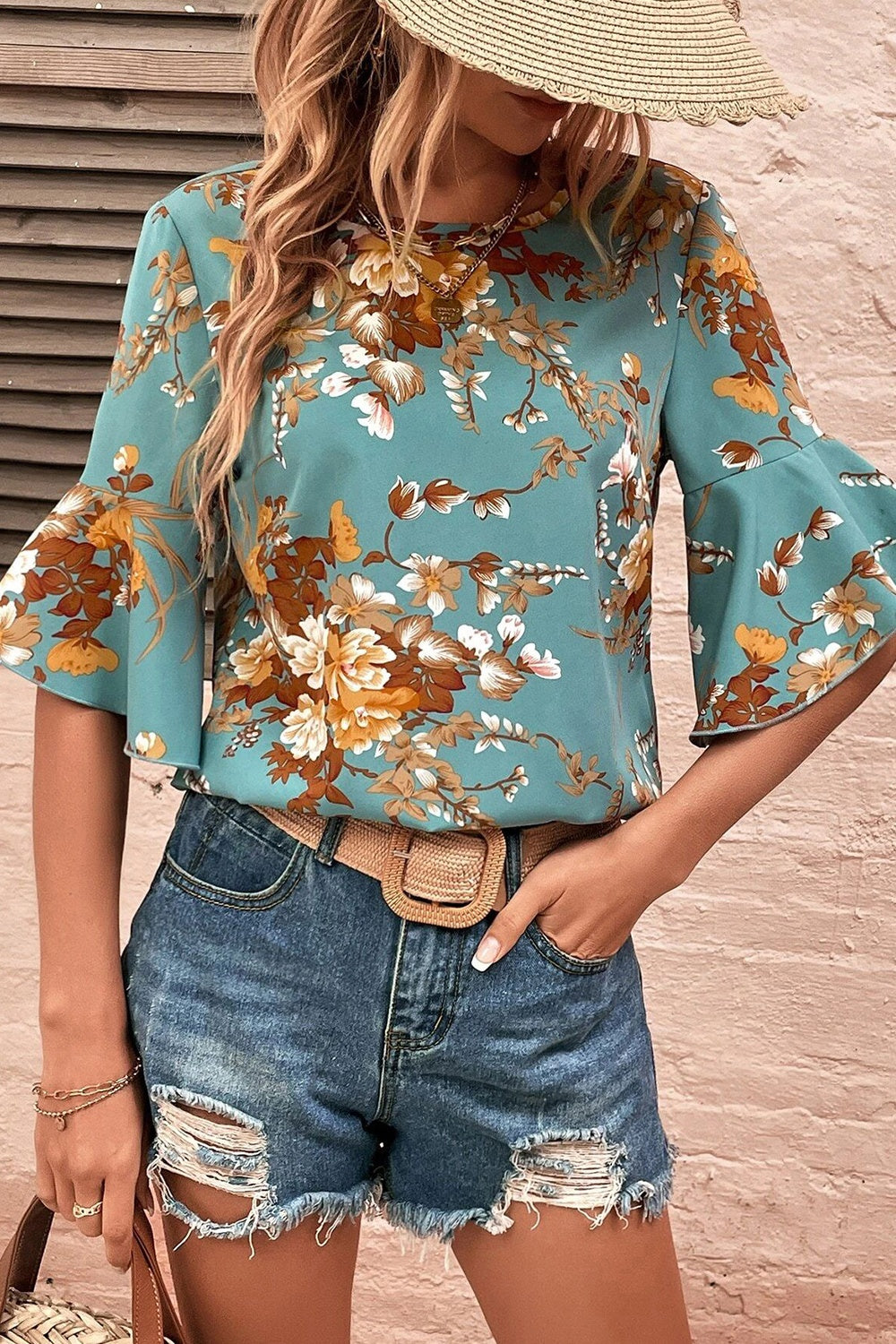 Printed Round Neck Half Sleeve Blouse Teal