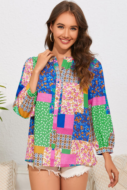 Double Take Patchwork Round Neck Shirt Multicolor